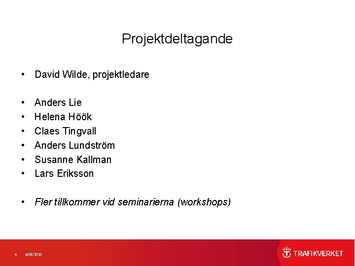 Projektdeltagande • David Wilde, projektledare • • • Anders Lie Helena Höök Claes Tingvall