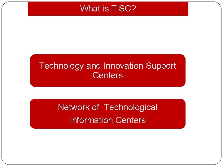 What is TISC? Technology and Innovation Support Centers Network of Technological Information Centers 