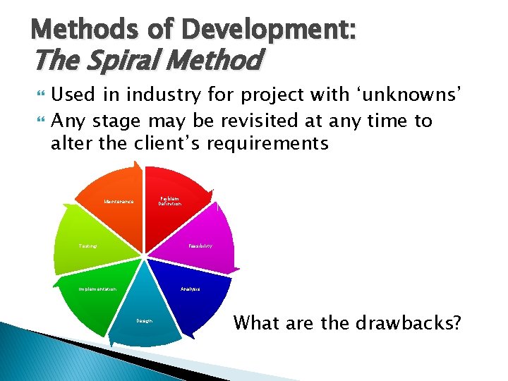 Methods of Development: The Spiral Method Used in industry for project with ‘unknowns’ Any