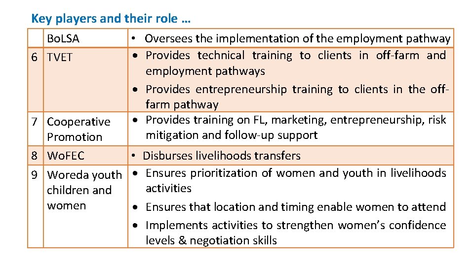 Key players and their role … Bo. LSA 6 TVET • Oversees the implementation