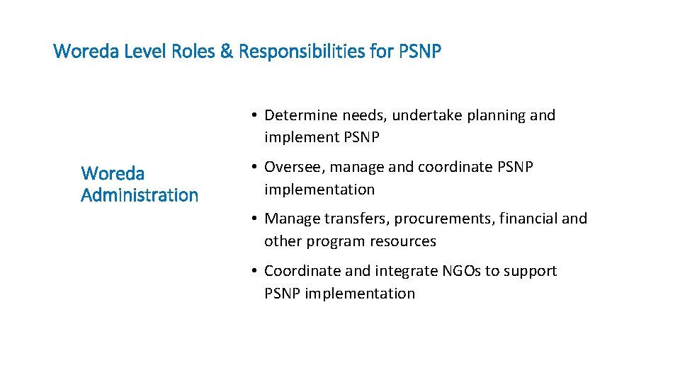 Woreda Level Roles & Responsibilities for PSNP • Determine needs, undertake planning and implement