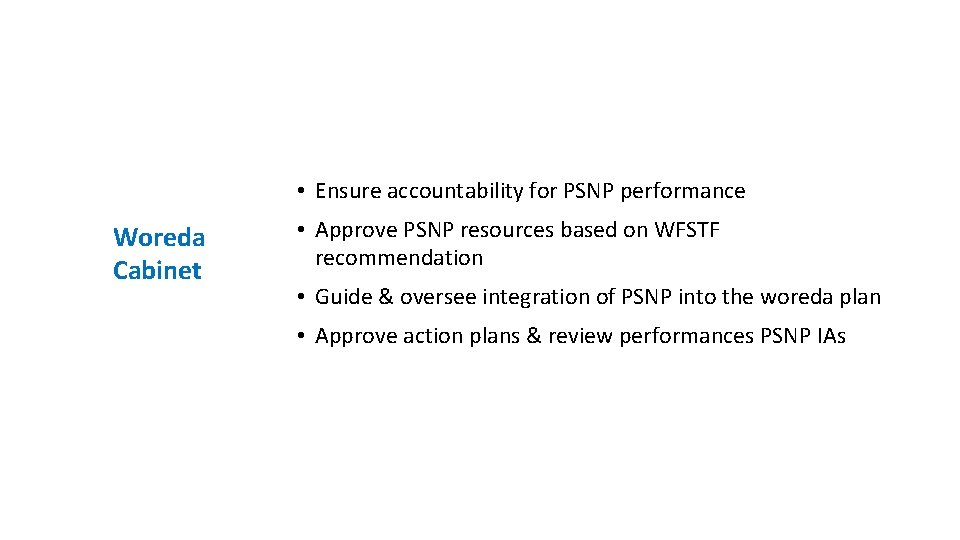  • Ensure accountability for PSNP performance Woreda Cabinet • Approve PSNP resources based