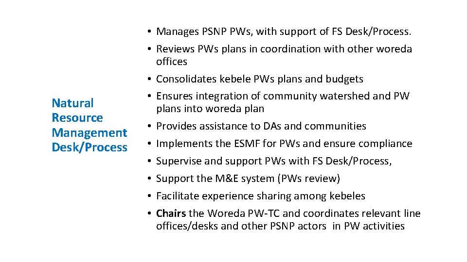 Natural Resource Management Desk/Process • Manages PSNP PWs, with support of FS Desk/Process. •