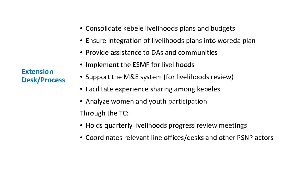  • Consolidate kebele livelihoods plans and budgets • Ensure integration of livelihoods plans