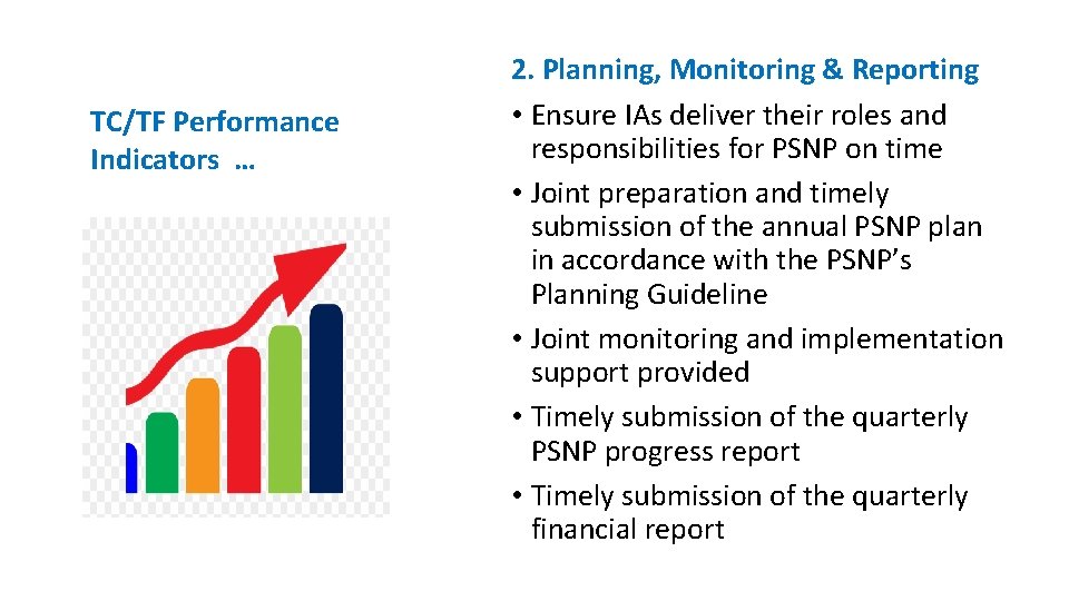 TC/TF Performance Indicators … 2. Planning, Monitoring & Reporting • Ensure IAs deliver their