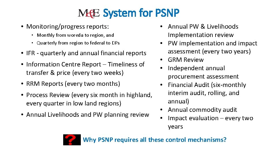 System for PSNP • Monitoring/progress reports: • Monthly from woreda to region, and •