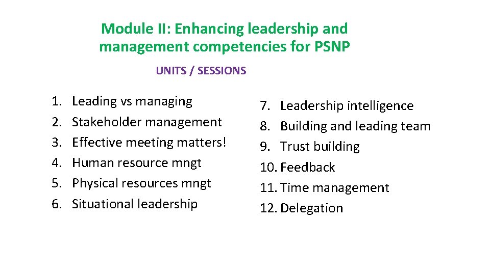 Module II: Enhancing leadership and management competencies for PSNP UNITS / SESSIONS 1. 2.