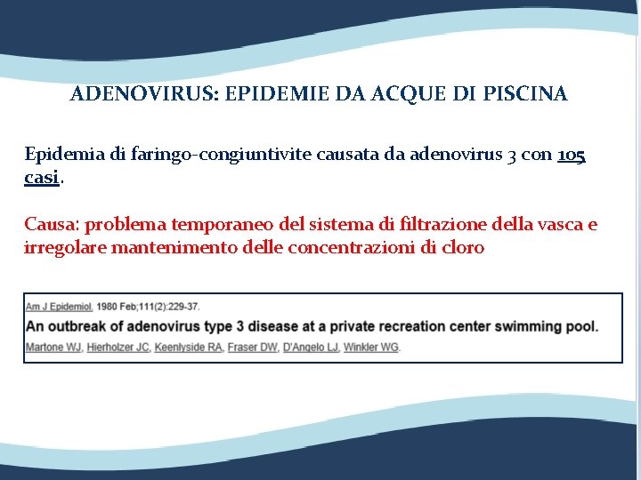 ADENOVIRUS: EPIDEMIE DA ACQUE DI PISCINA Epidemia di faringo-congiuntivite causata da adenovirus 3 con