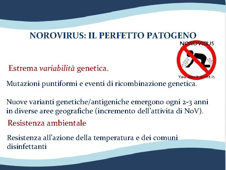 NOROVIRUS: IL PERFETTO PATOGENO Estrema variabilità genetica. Mutazioni puntiformi e eventi di ricombinazione genetica.