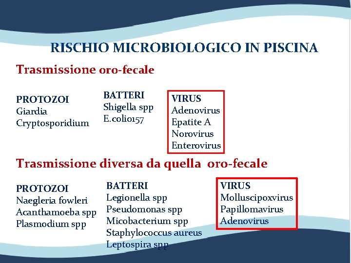 RISCHIO MICROBIOLOGICO IN PISCINA Trasmissione oro-fecale PROTOZOI Giardia Cryptosporidium BATTERI Shigella spp E. coli