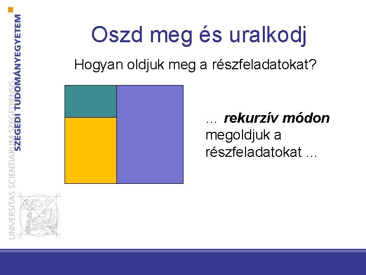 Oszd meg és uralkodj Hogyan oldjuk meg a részfeladatokat? Részfeladat … rekurzív módon megoldjuk