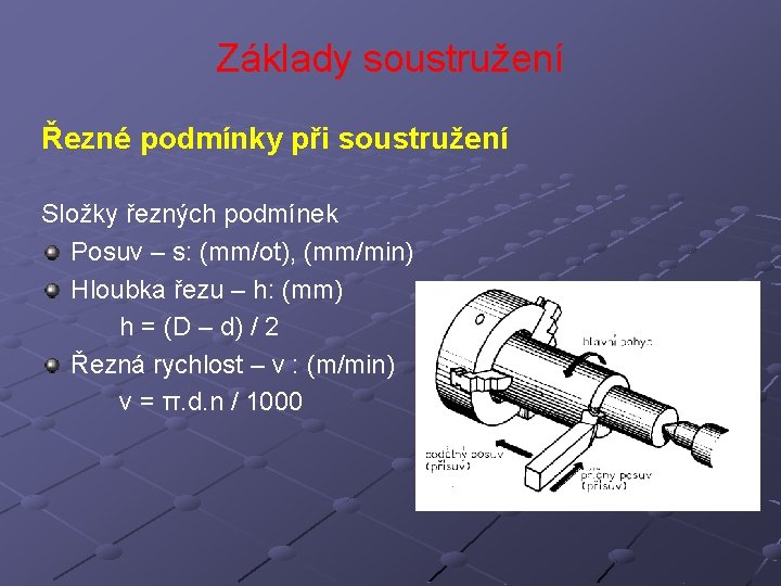 Základy soustružení Řezné podmínky při soustružení Složky řezných podmínek Posuv – s: (mm/ot), (mm/min)