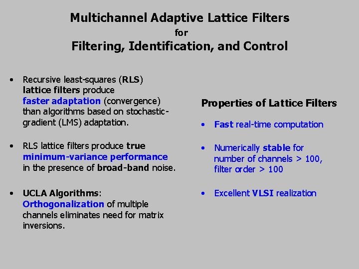 Multichannel Adaptive Lattice Filters for Filtering, Identification, and Control • Recursive least-squares (RLS) lattice