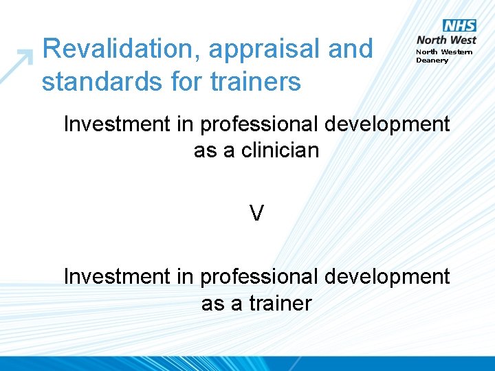 Revalidation, appraisal and standards for trainers North Western Deanery Investment in professional development as