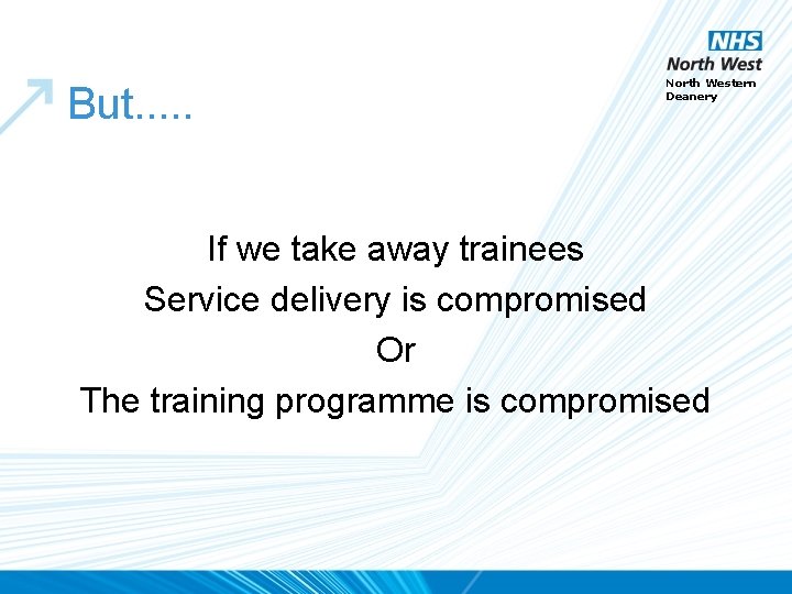 But. . . North Western Deanery If we take away trainees Service delivery is