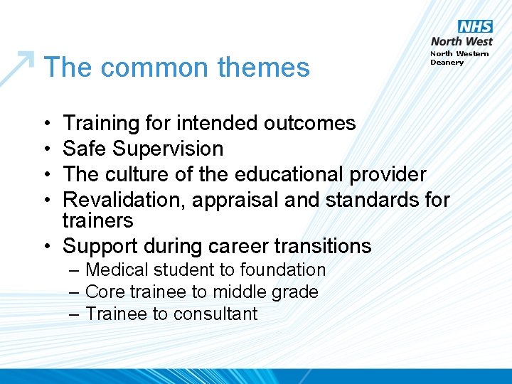 The common themes • • North Western Deanery Training for intended outcomes Safe Supervision
