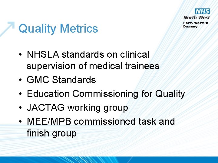 Quality Metrics North Western Deanery • NHSLA standards on clinical supervision of medical trainees