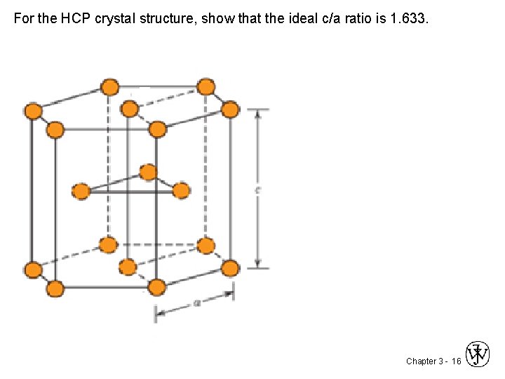 For the HCP crystal structure, show that the ideal c/a ratio is 1. 633.