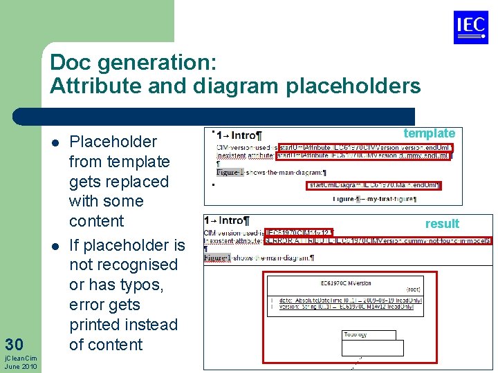 Doc generation: Attribute and diagram placeholders l l 30 j. Clean. Cim June 2010