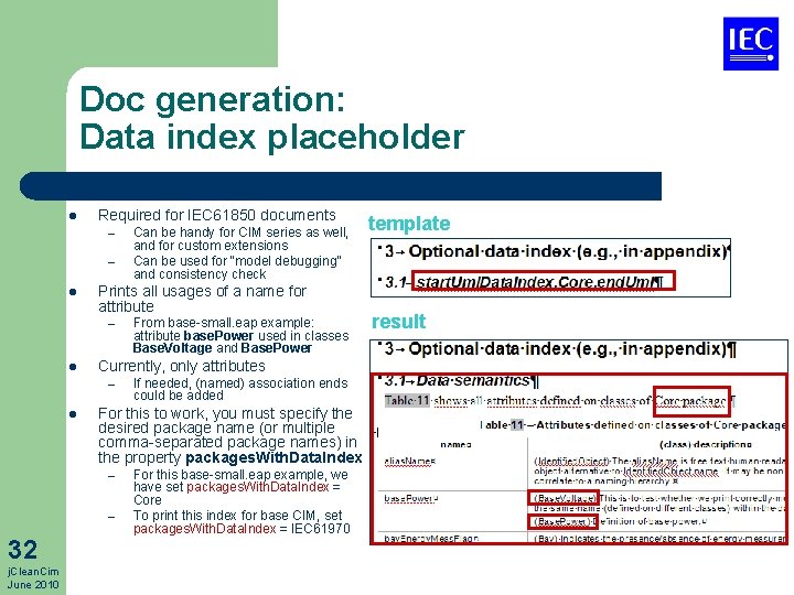 Doc generation: Data index placeholder l Required for IEC 61850 documents – – l