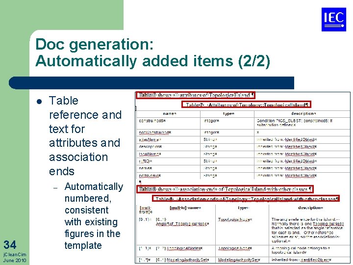 Doc generation: Automatically added items (2/2) l Table reference and text for attributes and