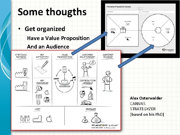 Some thougths • Get organized Have a Value Proposition And an Audience Alex Osterwalder