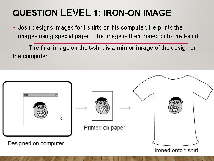 QUESTION LEVEL 1: IRON-ON IMAGE • Josh designs images for t-shirts on his computer.