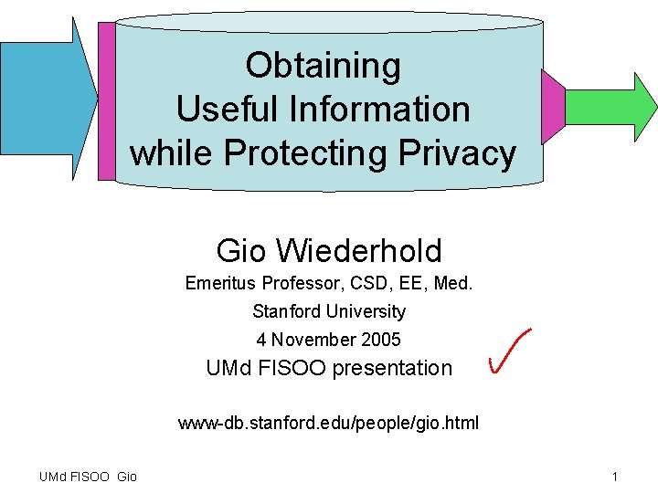 Obtaining Useful Information while Protecting Privacy Gio Wiederhold Emeritus Professor, CSD, EE, Med. Stanford