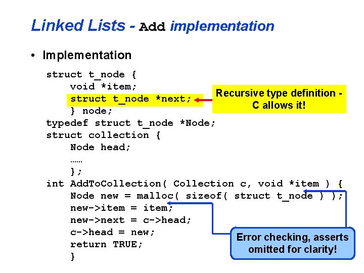 Linked Lists - Add implementation • Implementation struct t_node { void *item; Recursive type