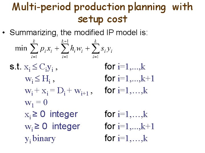 Multi-period production planning with setup cost • Summarizing, the modified IP model is: s.