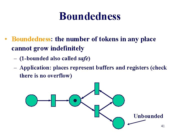 Boundedness • Boundedness: the number of tokens in any place cannot grow indefinitely –