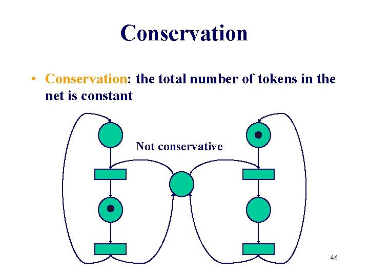 Conservation • Conservation: the total number of tokens in the net is constant Not