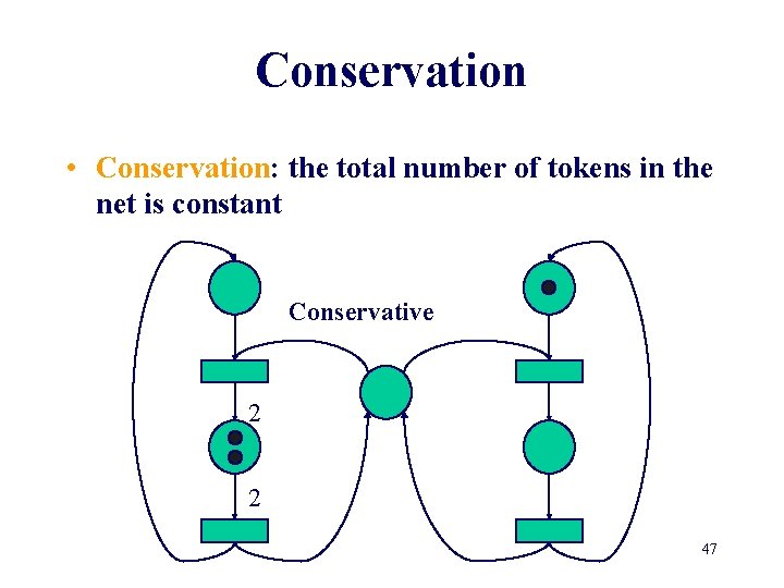 Conservation • Conservation: the total number of tokens in the net is constant Conservative