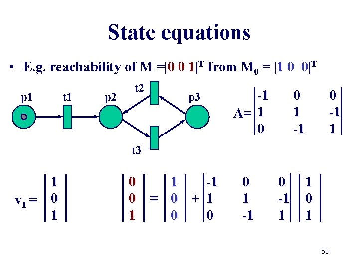 State equations • E. g. reachability of M =|0 0 1|T from M 0