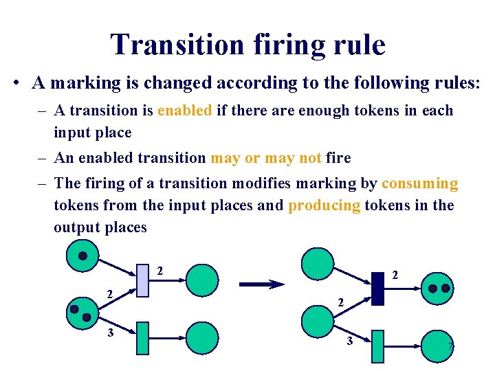 Transition firing rule • A marking is changed according to the following rules: –