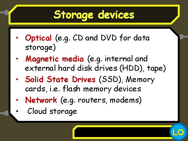 Storage devices • Optical (e. g. CD and DVD for data storage) • Magnetic