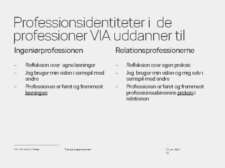 Professionsidentiteter i de professioner VIA uddanner til Ingeniørprofessionen Relationsprofessionerne – – – Refleksion over