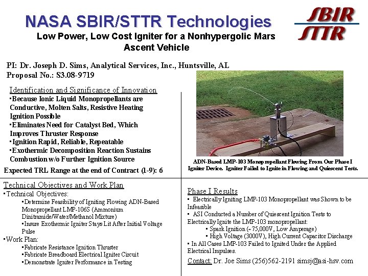 NASA SBIR/STTR Technologies Low Power, Low Cost Igniter for a Nonhypergolic Mars Ascent Vehicle