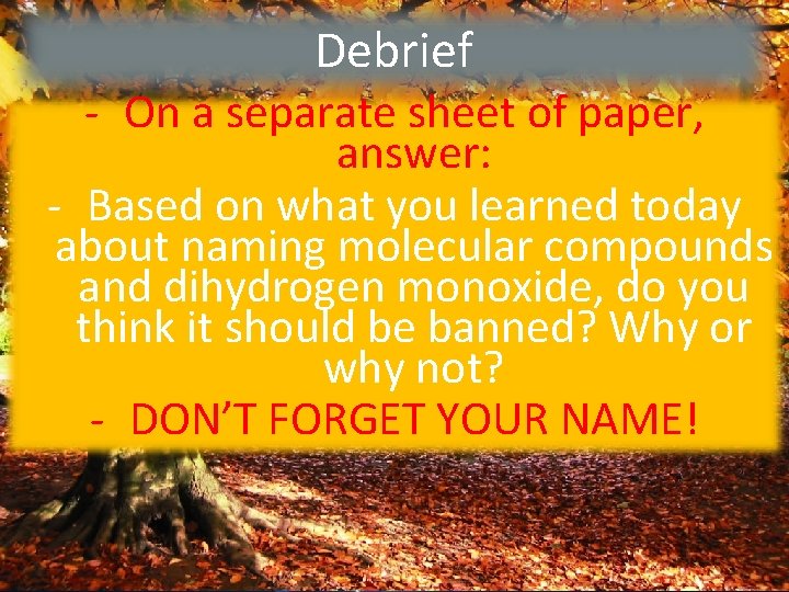 Debrief - On a separate sheet of paper, answer: - Based on what you