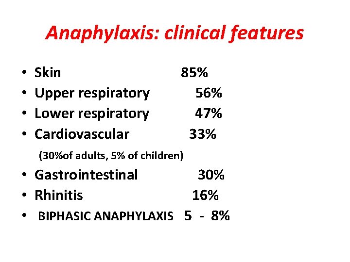 Anaphylaxis: clinical features • • Skin Upper respiratory Lower respiratory Cardiovascular 85% 56% 47%