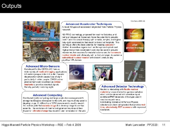 Outputs Higgs-Maxwell Particle Physics Workshop – RSE – Feb 4 2009 Mark Lancaster :