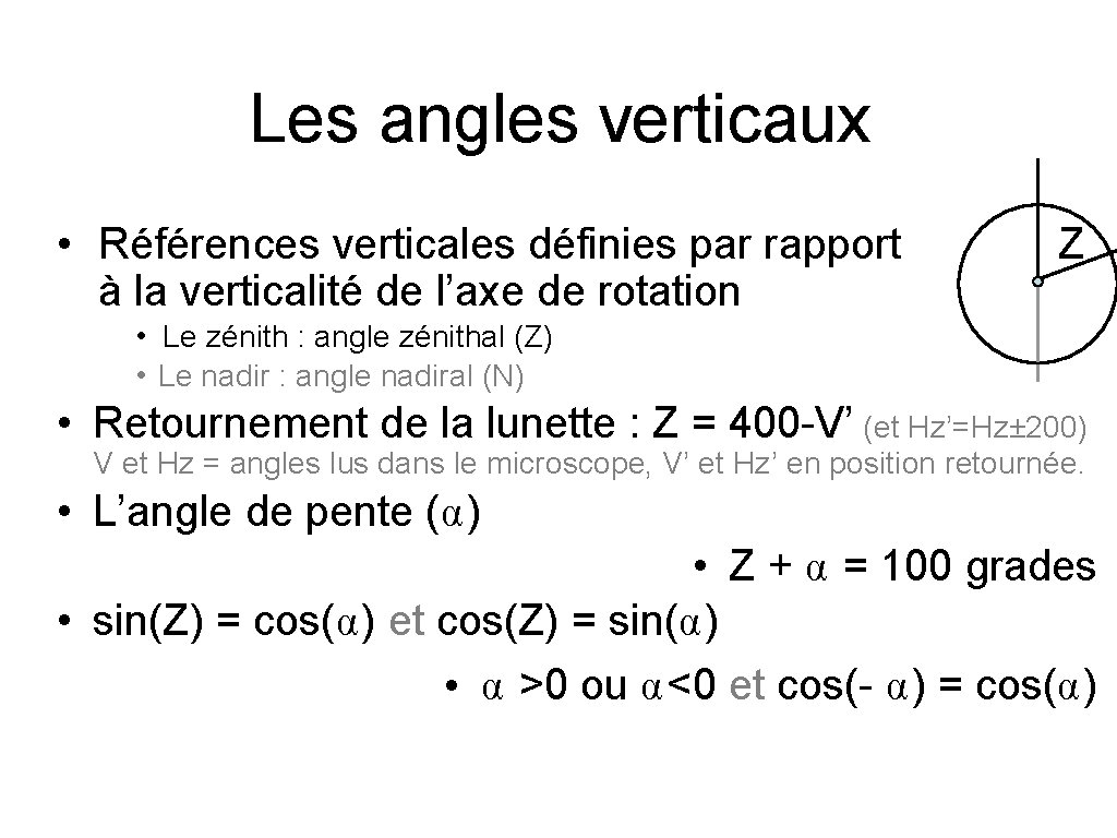 Les angles verticaux • Références verticales définies par rapport à la verticalité de l’axe