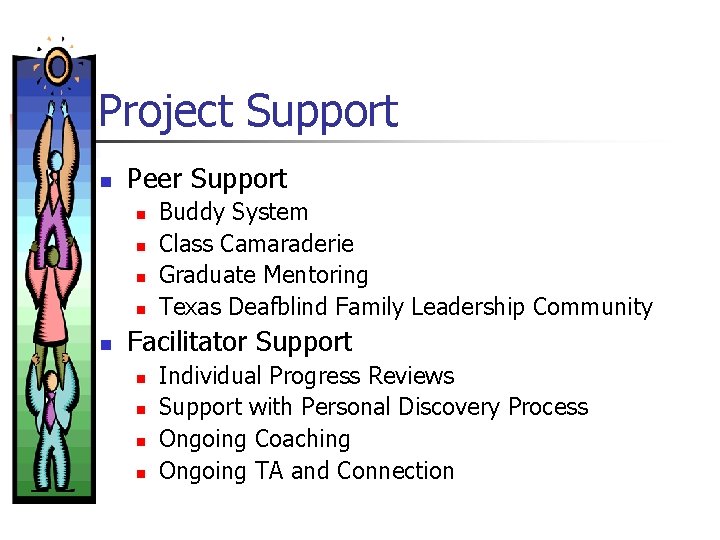 Project Support n Peer Support n n n Buddy System Class Camaraderie Graduate Mentoring