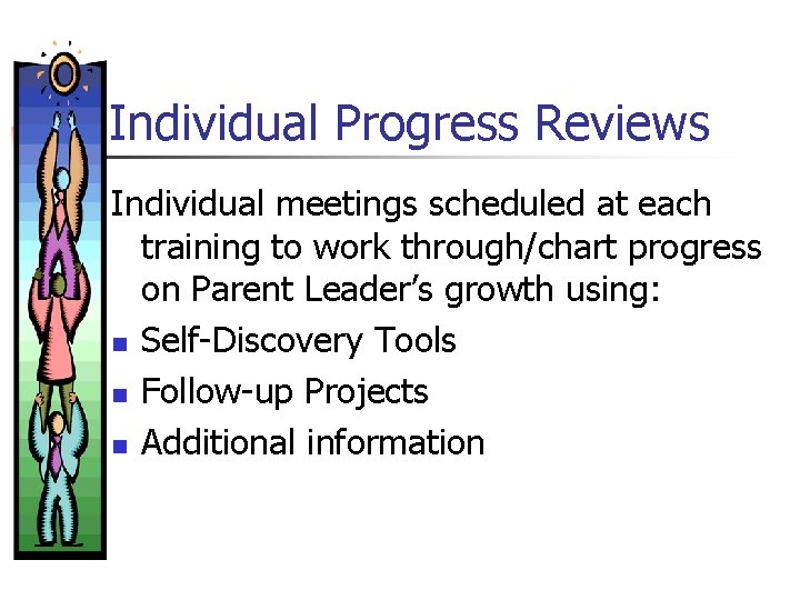 Individual Progress Reviews Individual meetings scheduled at each training to work through/chart progress on