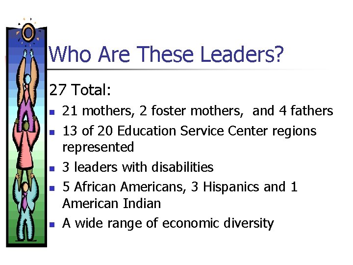 Who Are These Leaders? 27 Total: n n n 21 mothers, 2 foster mothers,