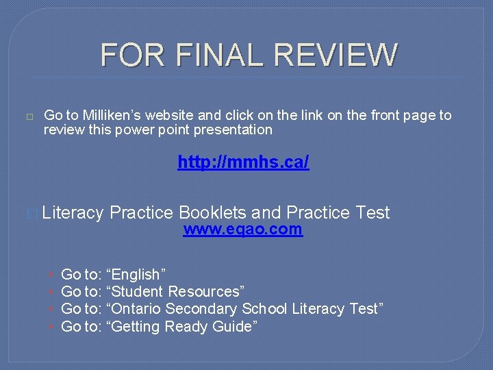 FOR FINAL REVIEW Go to Milliken’s website and click on the link on the