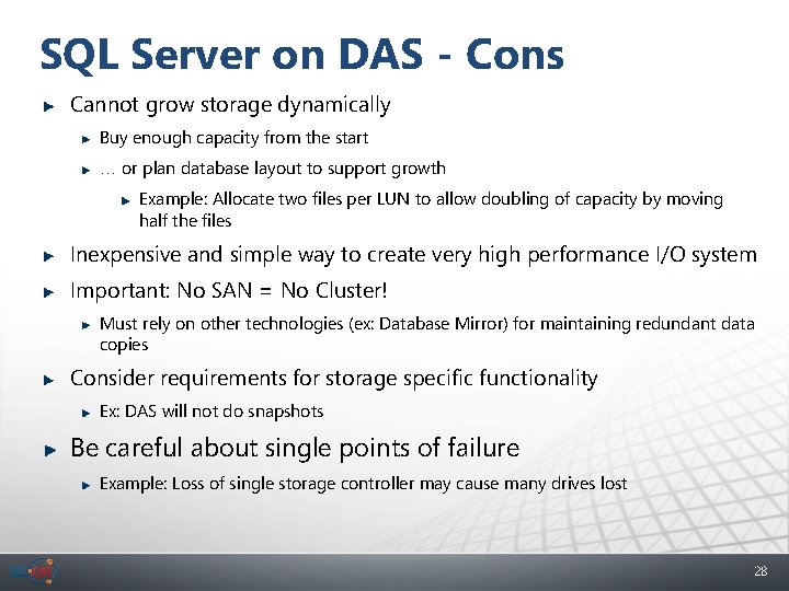 SQL Server on DAS - Cons Cannot grow storage dynamically Buy enough capacity from