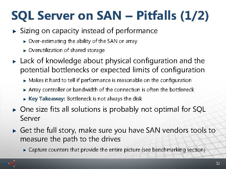 SQL Server on SAN – Pitfalls (1/2) Sizing on capacity instead of performance Over-estimating