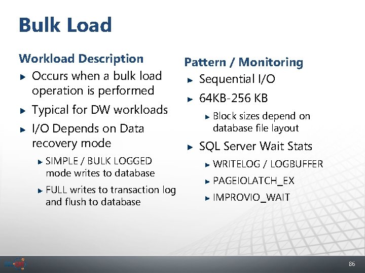 Bulk Load Workload Description Occurs when a bulk load operation is performed Typical for
