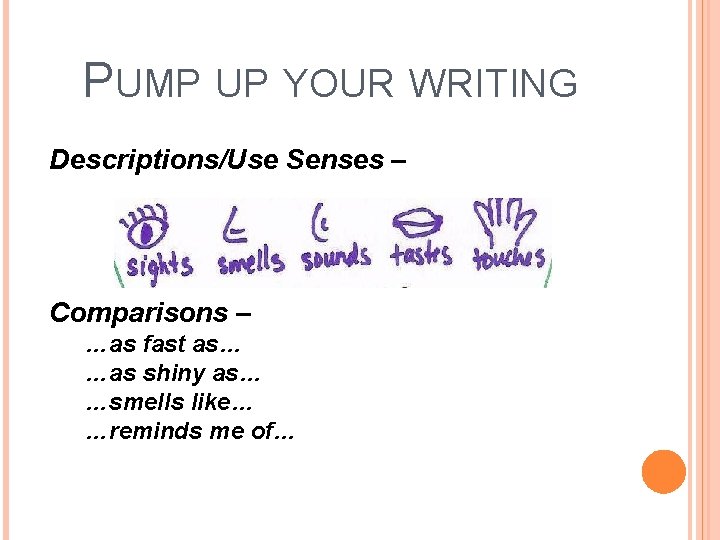 PUMP UP YOUR WRITING Descriptions/Use Senses – Comparisons – …as fast as… …as shiny